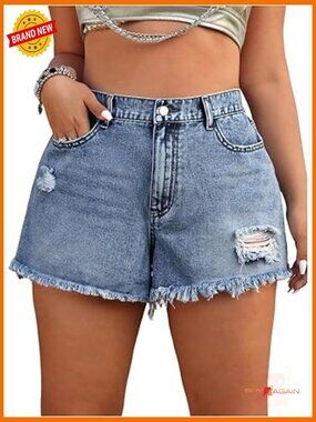 Plus Size Distressed Denim Shorts Wide Leg High Waist with Pockets